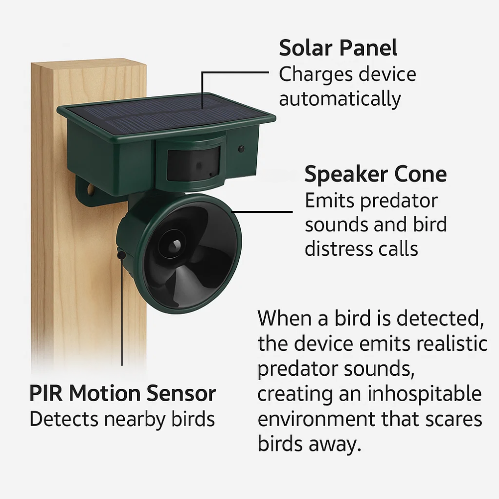 Elimin8 | Motion-Activated Garden Bird Deterrent with Sonic and Ultrasonic Pest Output