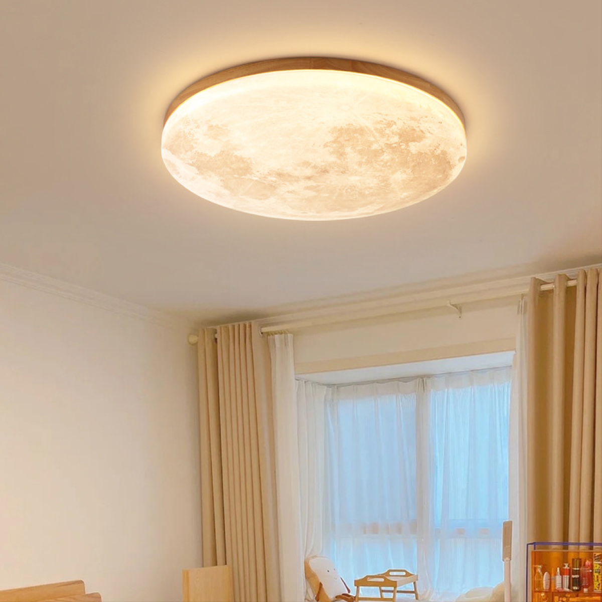 LunaWood | Moon-Textured Flush Mount Ceiling Light with Wooden Frame