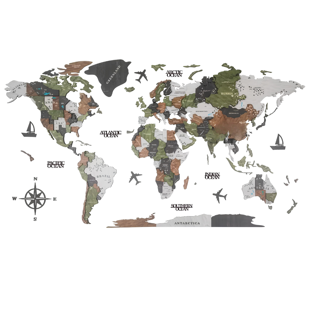 3D Wooden World Map Wall Decor Featuring Continents, Compass Rose, and Sailboats
