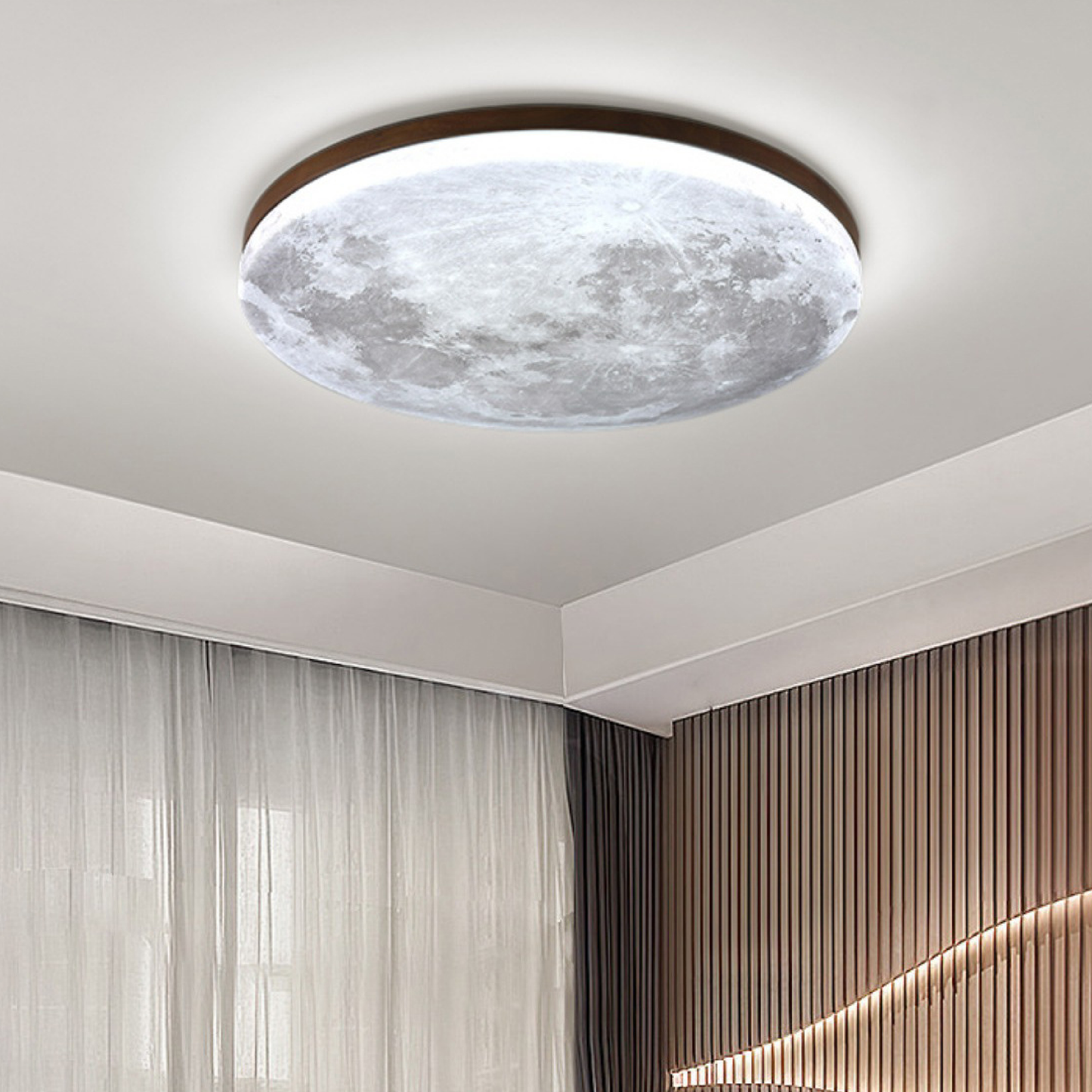 LunaWood | Moon-Textured Flush Mount Ceiling Light with Wooden Frame