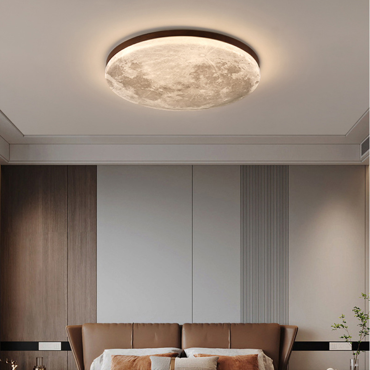 LunaWood | Moon-Textured Flush Mount Ceiling Light with Wooden Frame