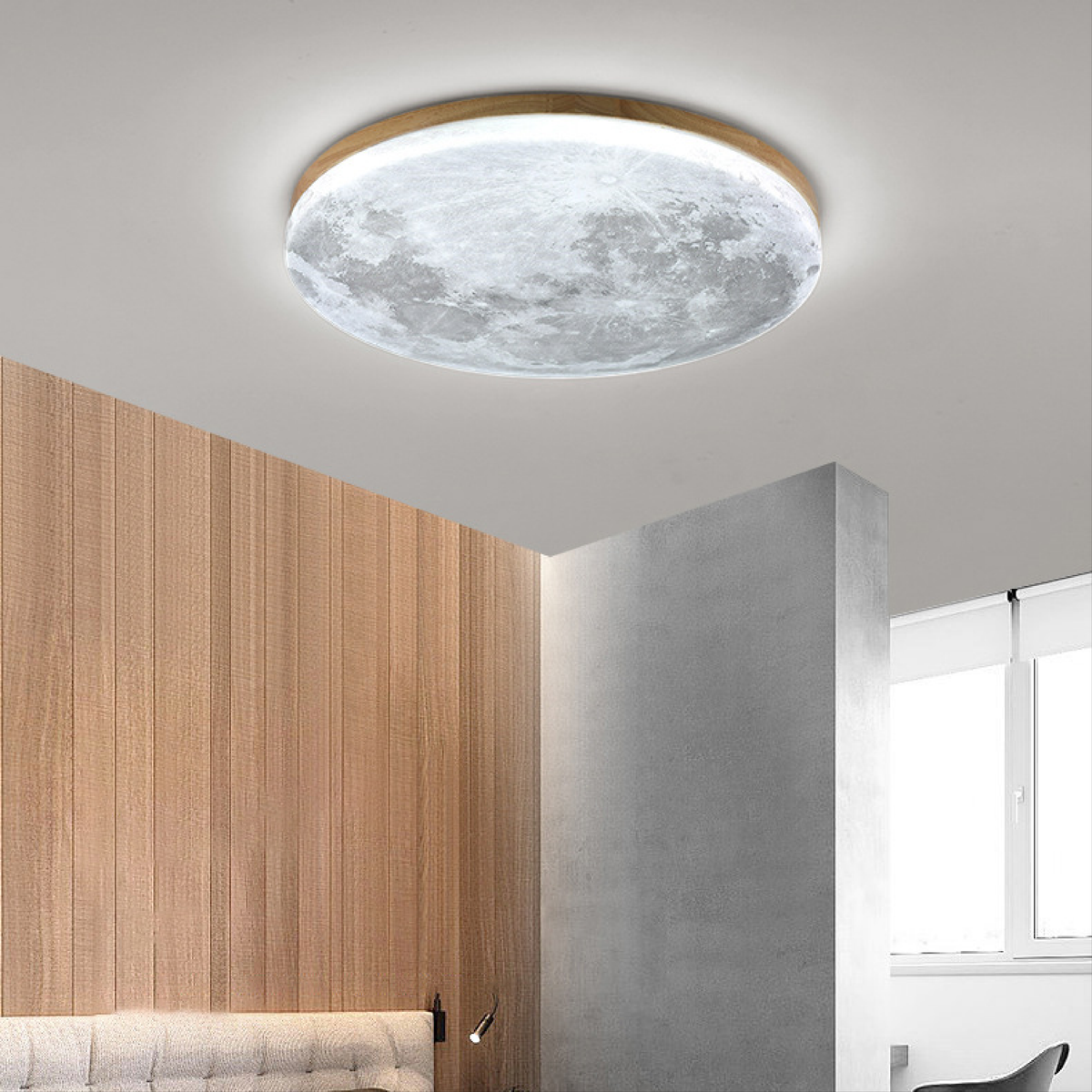 LunaWood | Moon-Textured Flush Mount Ceiling Light with Wooden Frame