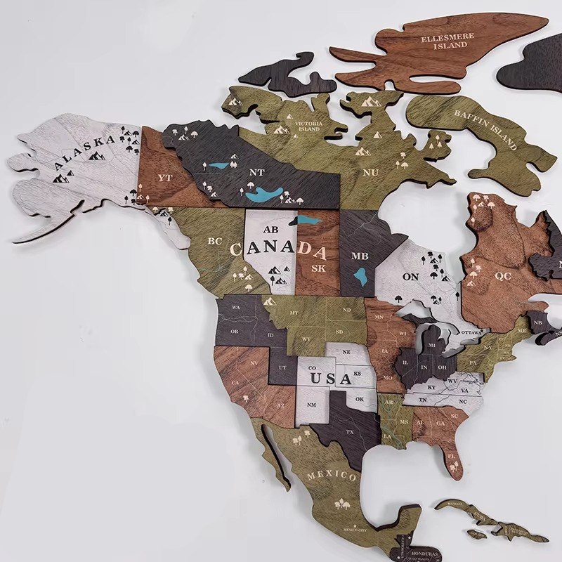 3D Wooden World Map Wall Decor Featuring Continents, Compass Rose, and Sailboats