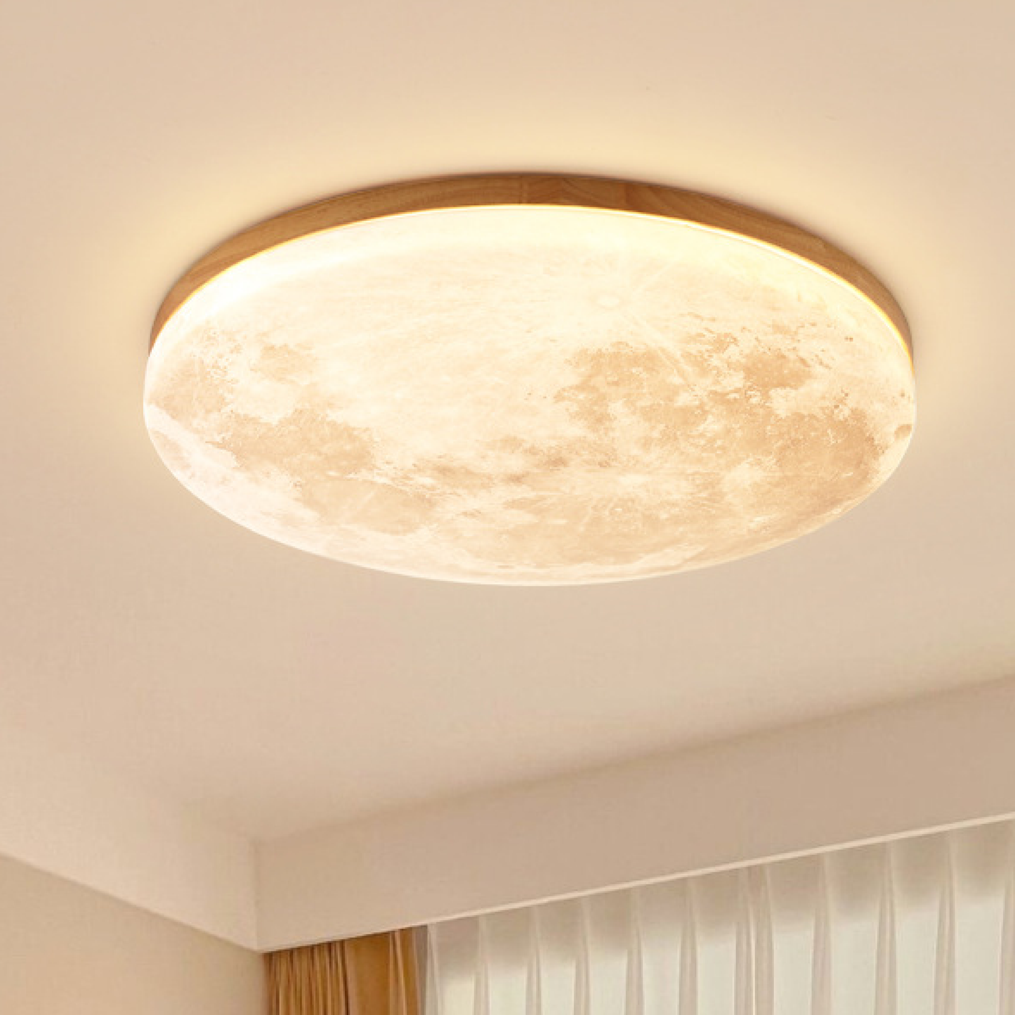 LunaWood | Moon-Textured Flush Mount Ceiling Light with Wooden Frame