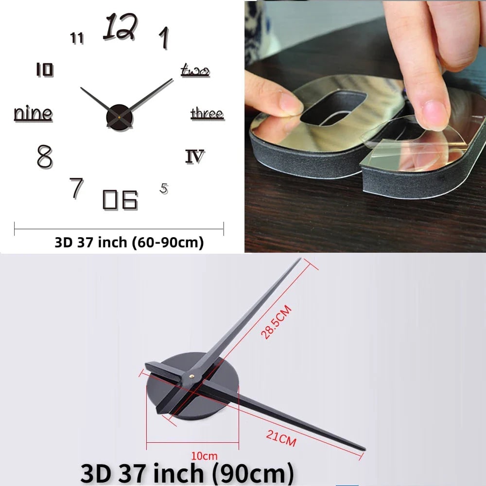 Large Wall Clock – Vintage 3D Adhesive Numbers & Minimalist Design