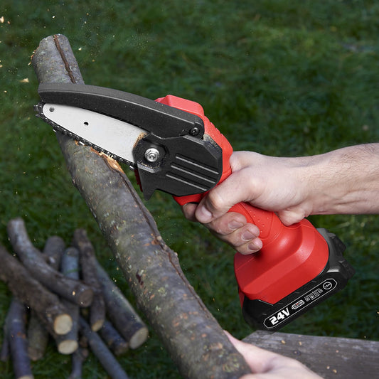 Cordless Mini Chainsaw – 24V Rechargeable Battery & Safety Guard
