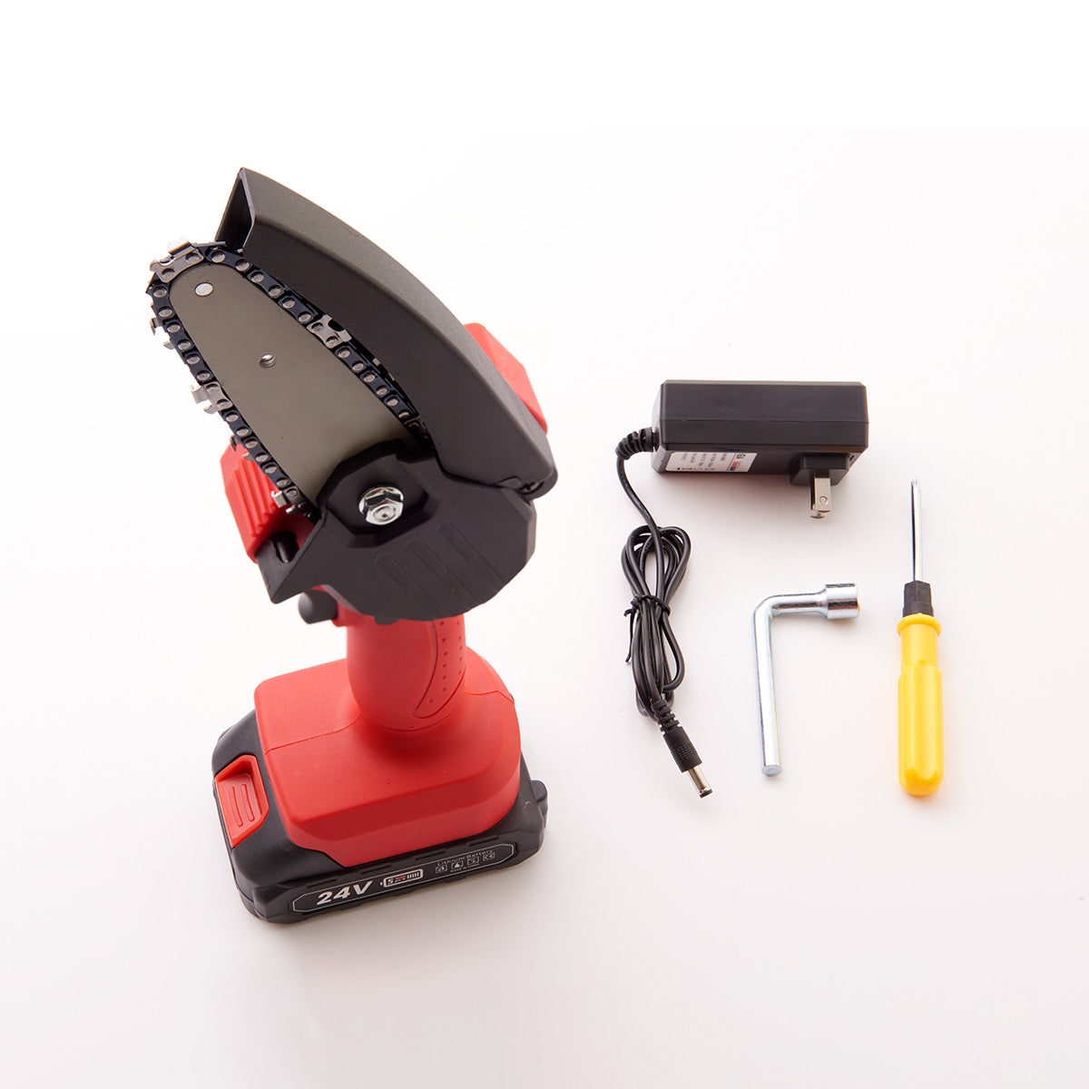Cordless Mini Chainsaw – 24V Rechargeable Battery & Safety Guard